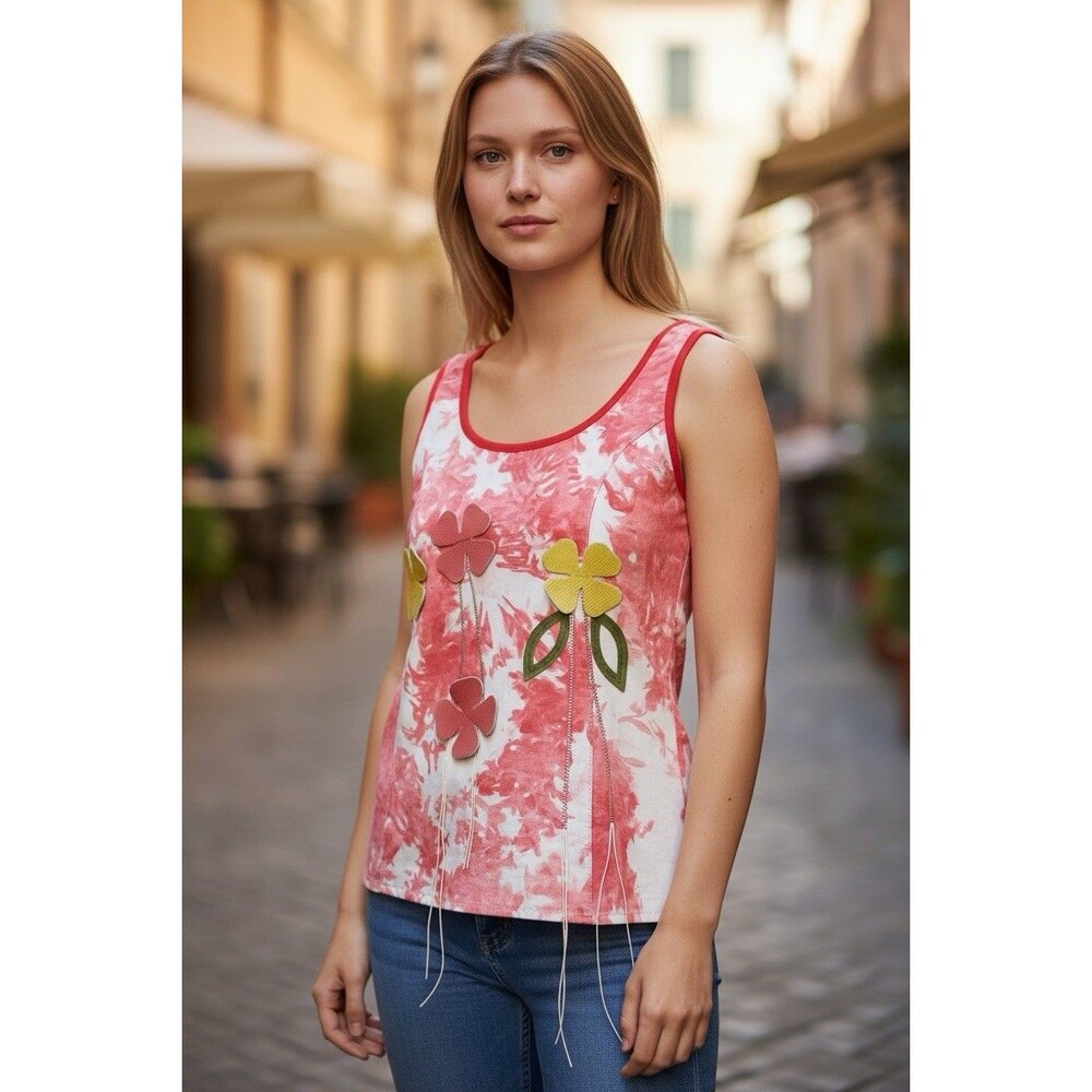 SAVE THE QUEEN Pink Floral Sleeveless Top Leather Front Sheer Mesh Back Sz M NWT